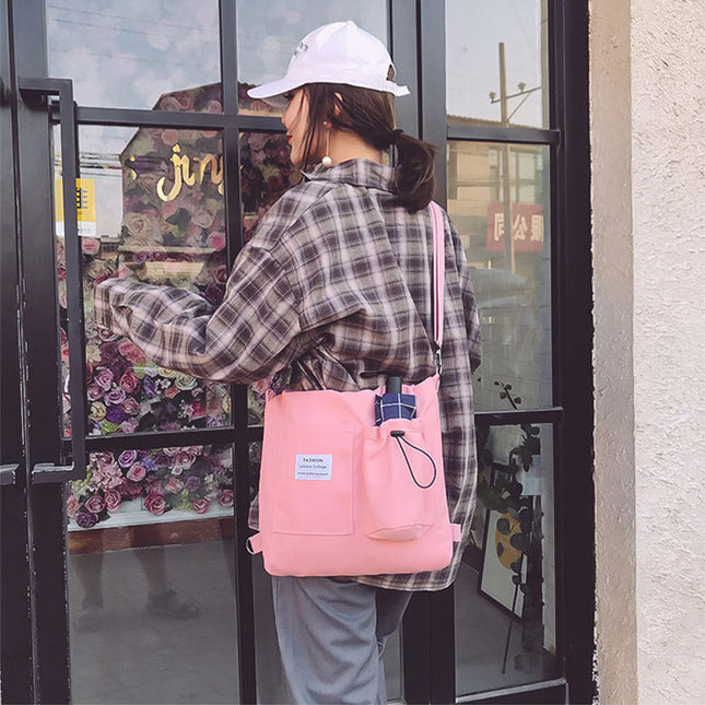 Harajuku Canvas Shoulder Bag | Preppy Style Handbag with Pockets for Women