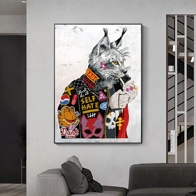 Smoking Cat Graffiti Canvas Art | Abstract Animal Wall Decor for Living Room